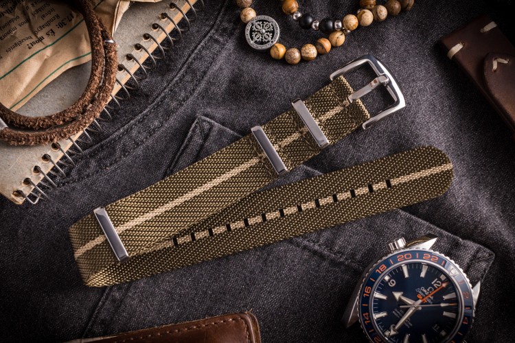 Oil Green and Beige Premium Twill Slip Through Nato Watch Strap 20 22mm